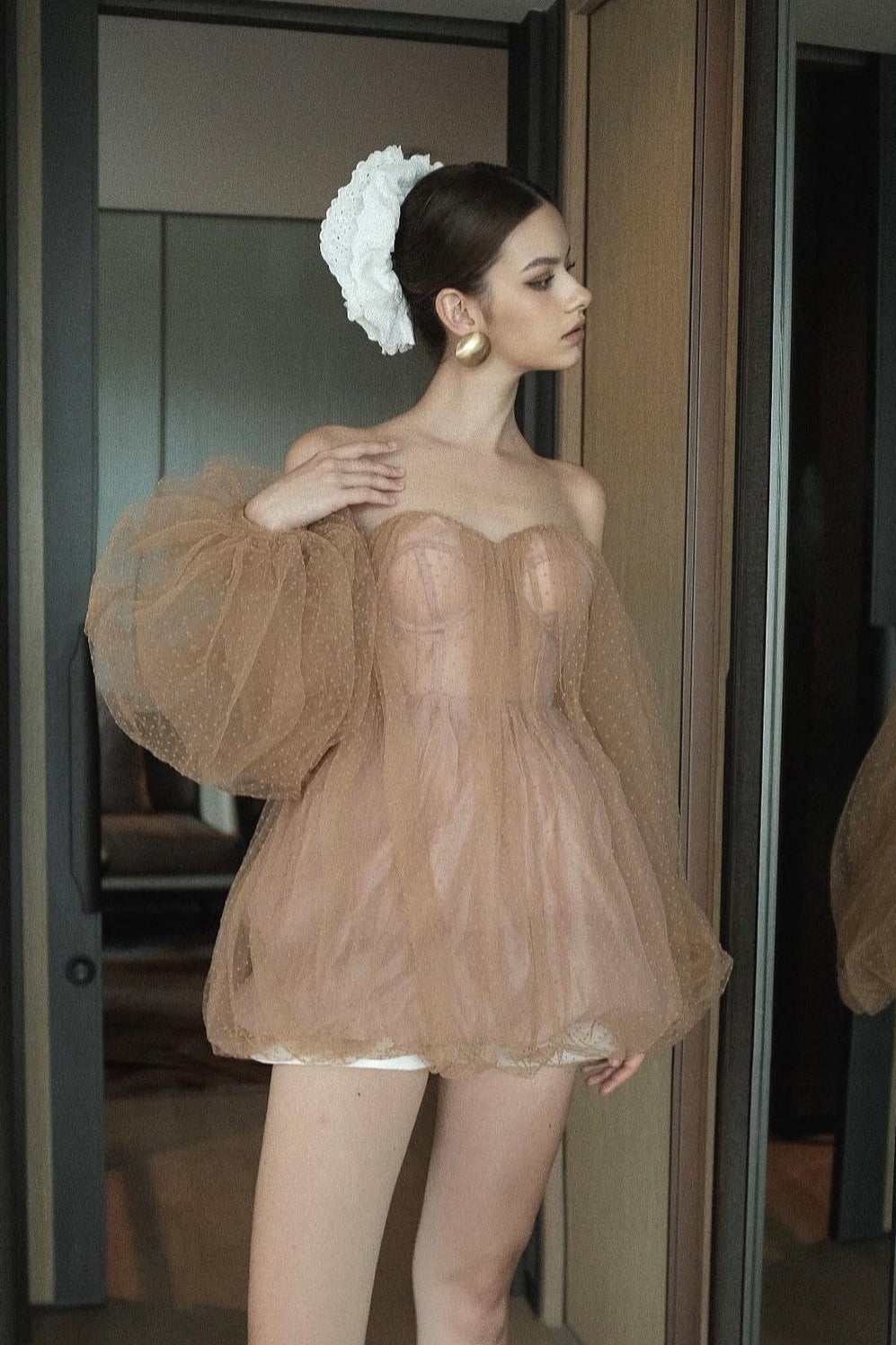 Minivestido Dulce y Atractivo sin Tirantes con Mangas Abullonadas