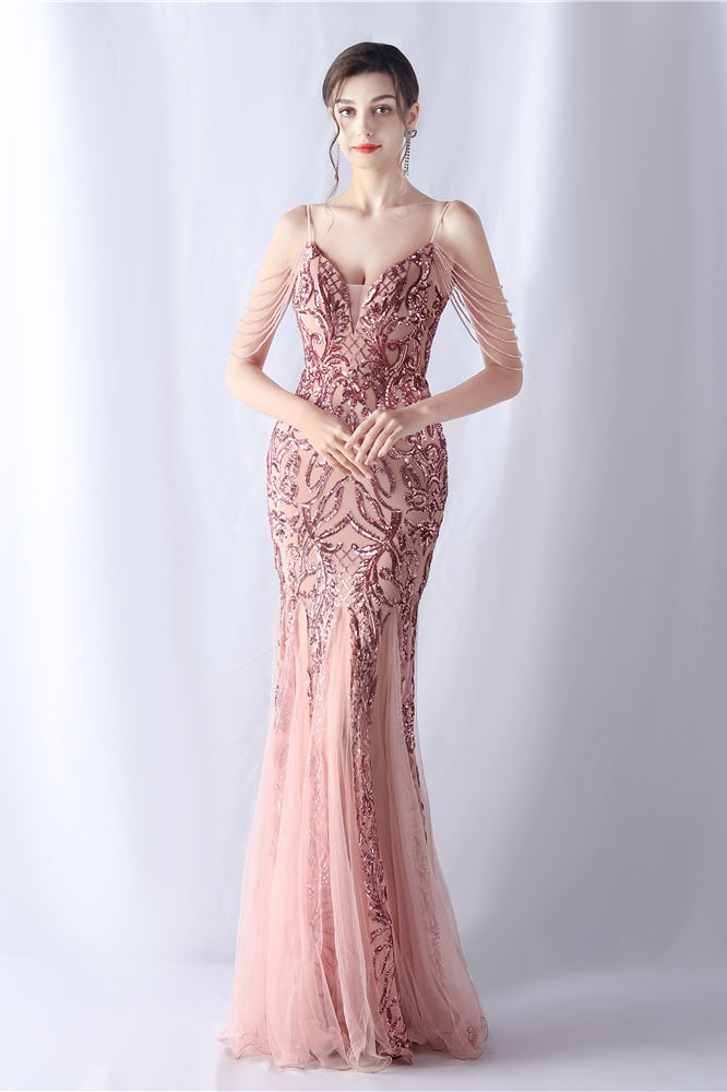 Vestido maxi de cóctel de malla con abalorios