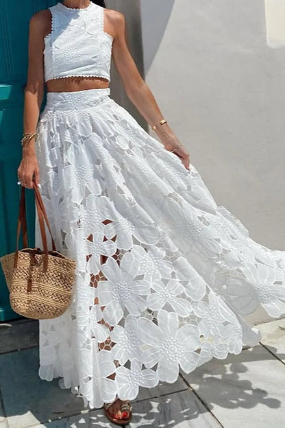 Vestido Boho Suelto de Dos Piezas de Playa con Encaje Calado