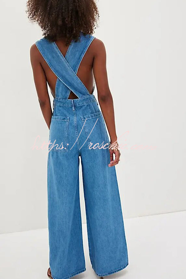 Bold Design Denim Vest-inspired Bodice Crisscross Strap Pocket Loose Jumpsuit