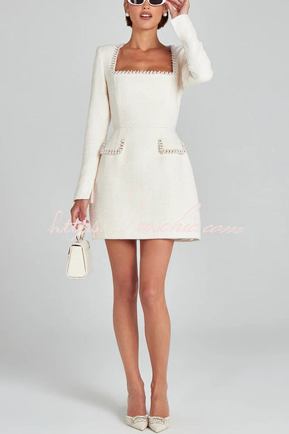 Girly and Glamorous Tweed Fabric Pearl Trim Long Slit Sleeve Pocketed Mini Dress (Shipped Within 24 Hours)