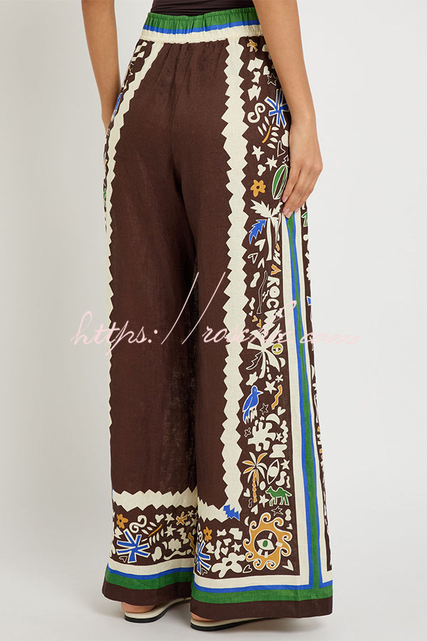 Antibes Satin Court Unique Printed Long Sleeve Loose Shirt and Elastic Waist Pants Set