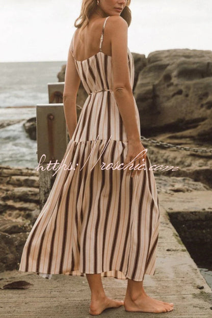 Striped Printed Spaghetti Strap Sleeveless Tie-up Casual Vacation Maxi Dress