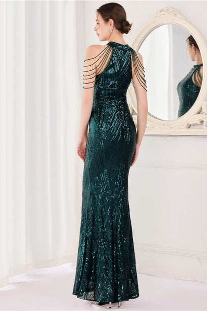 Vestido de fiesta maxi con lentejuelas, escote halter y corte de sirena