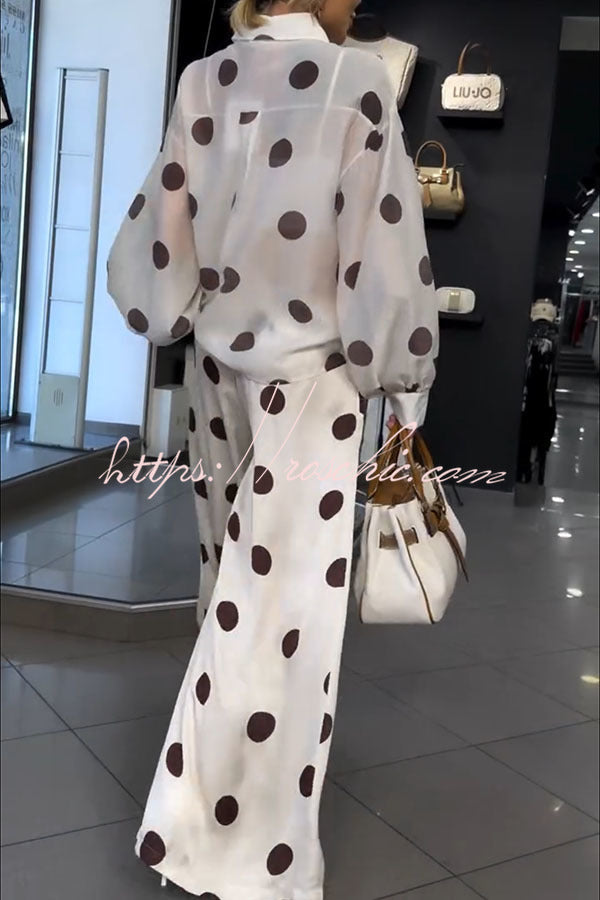 Grazia Polka Dot Sheer Long Balloon Sleeve Shirt and Elastic Waist Pocket Wide Leg Pants Set