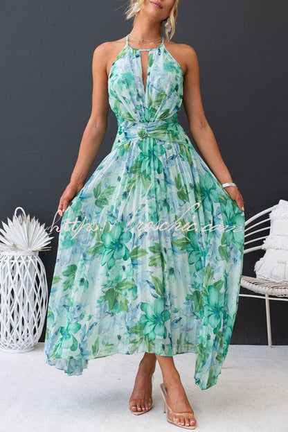 Sunny Forecast Floral Cutout Neck Pleated Midi Dress