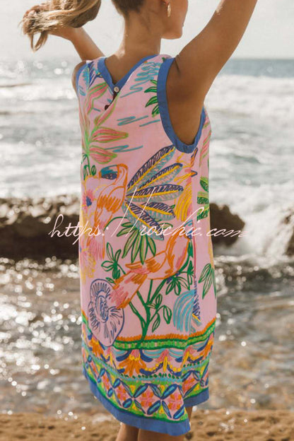 Summer Unique Print Loose Round Neck Sleeveless Casual Pocket Mini Dress