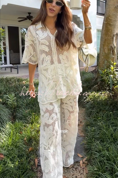 Lazy Vacation Knit Crochet Flowers Short Sleeve Shirt and Elastic Waist Loose Pants Set