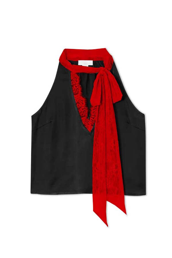 Sunday Social Contrast Color Satin Lace Trim Neck Strap Loose Tank (Shipped Within 24 Hours)