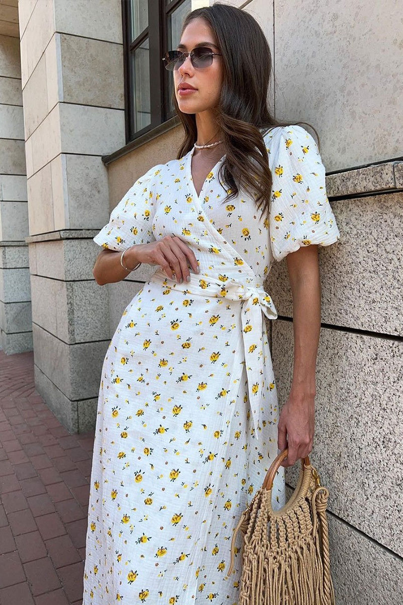 Vestido midi de algodón estampado con mangas abullonadas