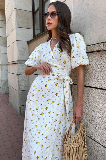 Vestido midi de algodón estampado con mangas abullonadas
