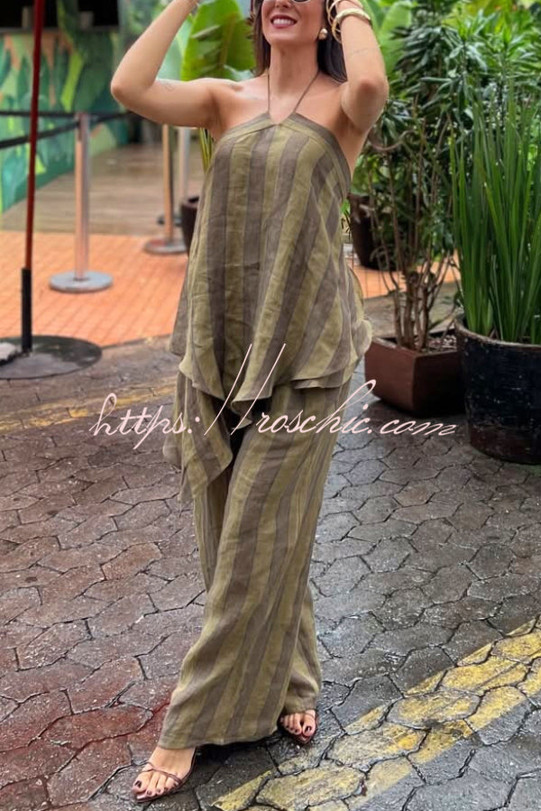 Striped Printed Halter Neck Sleeveless Asymmetrical Top and Elastic Waist Pocket Casual Wide-leg Pants Set