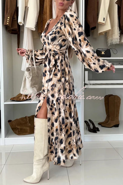 Unique Printed V-neck Long-sleeved Waist Tie Slit Maxi Dress