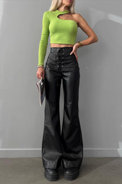 High Waist Flared Leather  Casual Pants