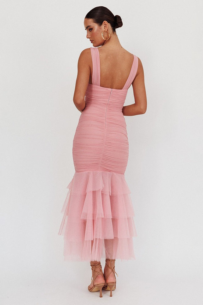 Mesh Insert  Spaghetti Strap Ruched Prom Dress