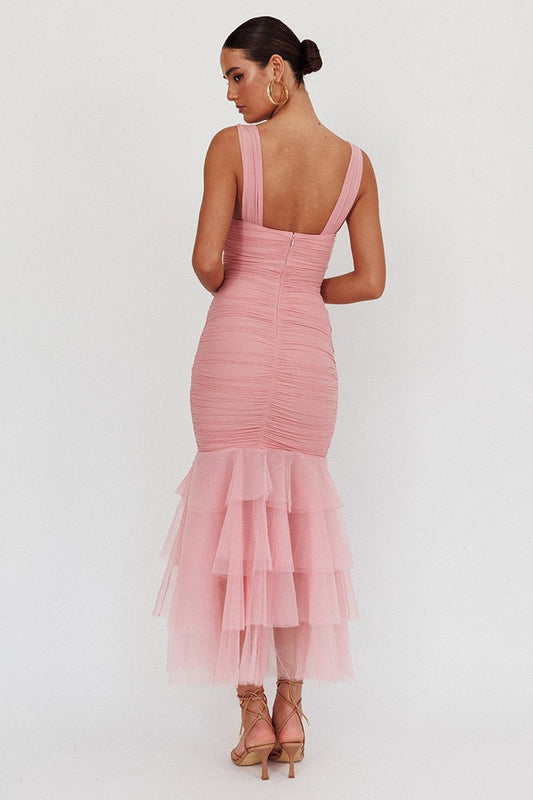 Mesh Insert  Spaghetti Strap Ruched Prom Dress