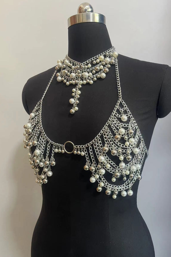 Fashionable Pearl Metal Chain Halter Neck Body Chain