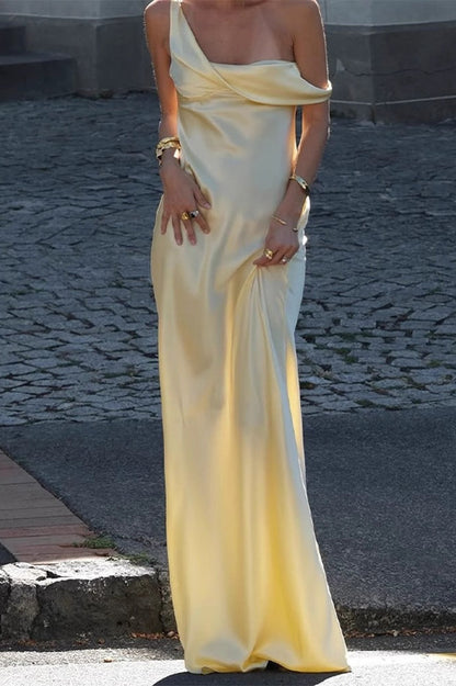 Solid Color Asymmetrical Shoulder Backless Strapless  Formal Dress