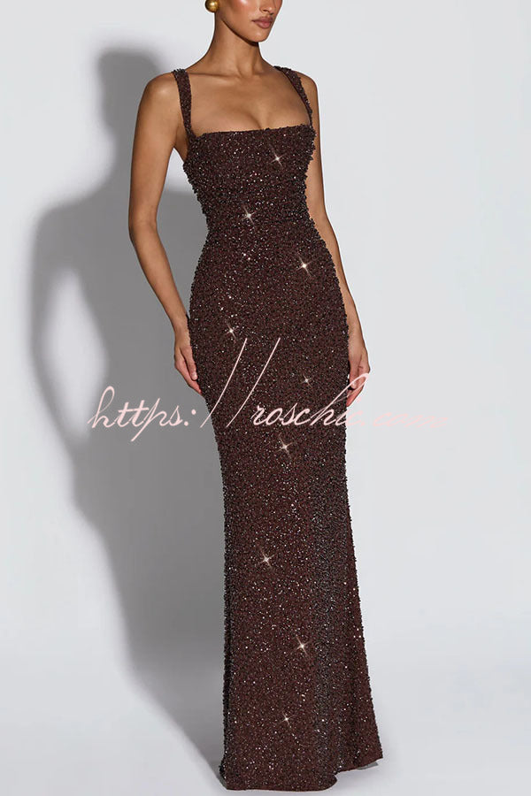 Calanthe Sequin Embellished Chiffon Ruched Square Neck Back Lace-up Maxi Dress