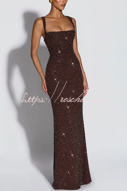 Calanthe Sequin Embellished Chiffon Ruched Square Neck Back Lace-up Maxi Dress