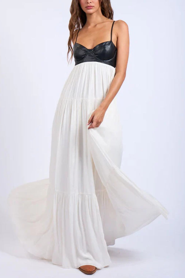 Stylish Leather Patchwork Suspender Casual Vacation Style Maxi Dresses