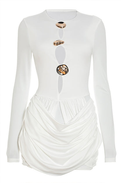 Slim Hollow Pleated Metal Trim Mini Dress