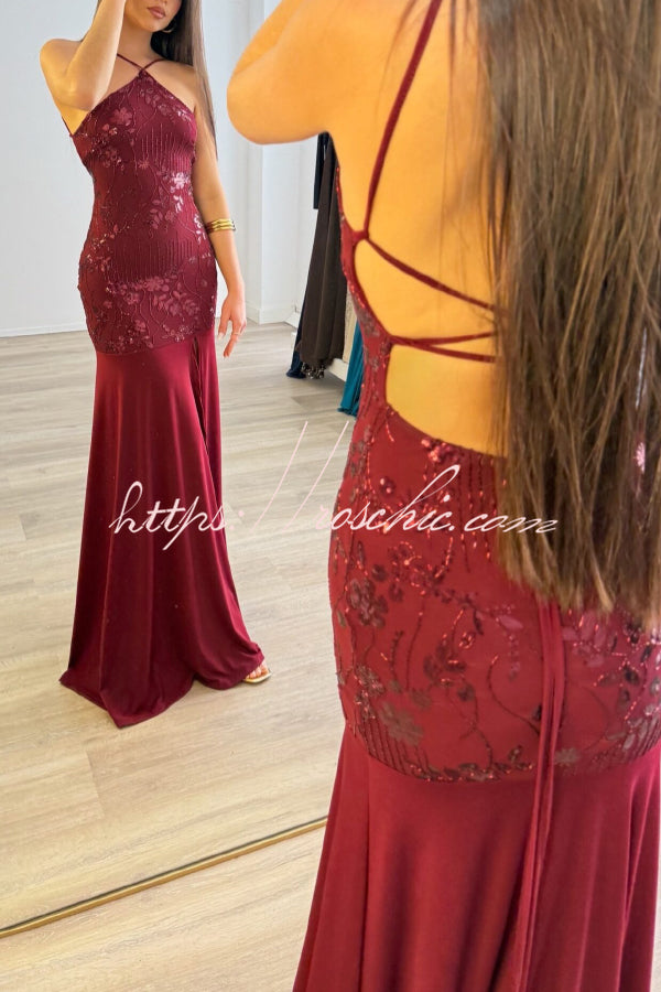 Fashionable Sequined Halter Neck Elegant Slim-fit Slit Maxi Dress