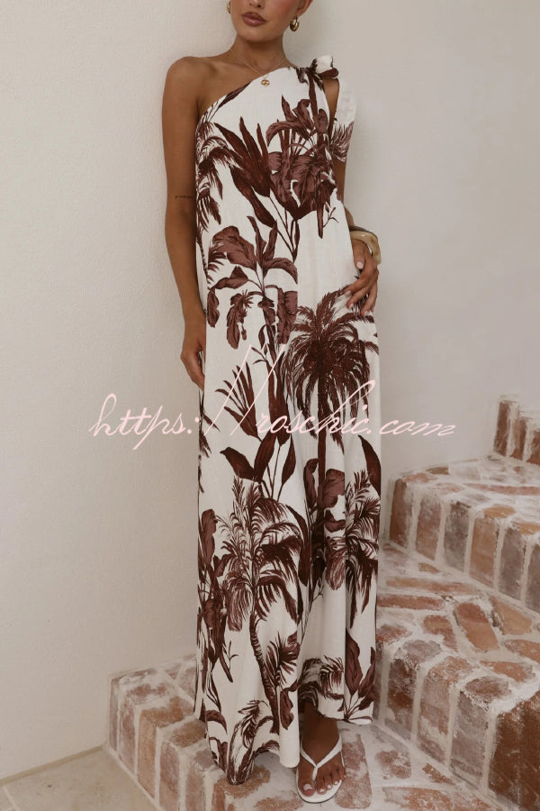 Botanical Print Sleeveless One-shoulder Casual Vacation Maxi Dress