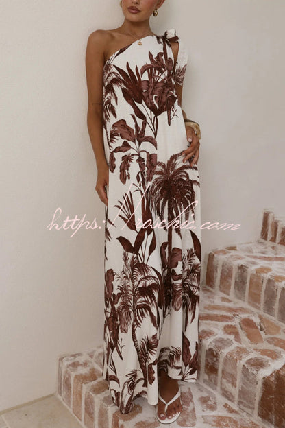 Botanical Print Sleeveless One-shoulder Casual Vacation Maxi Dress