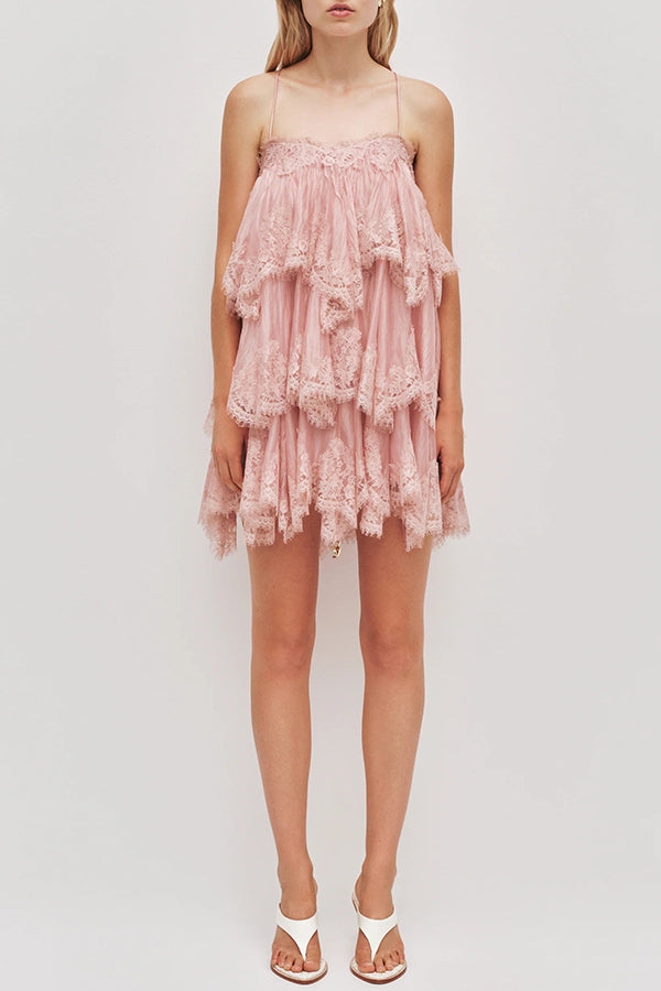 Ophelia Layered Lace Trim Tiers Adjustable Straps Backless A-line Mini Dress