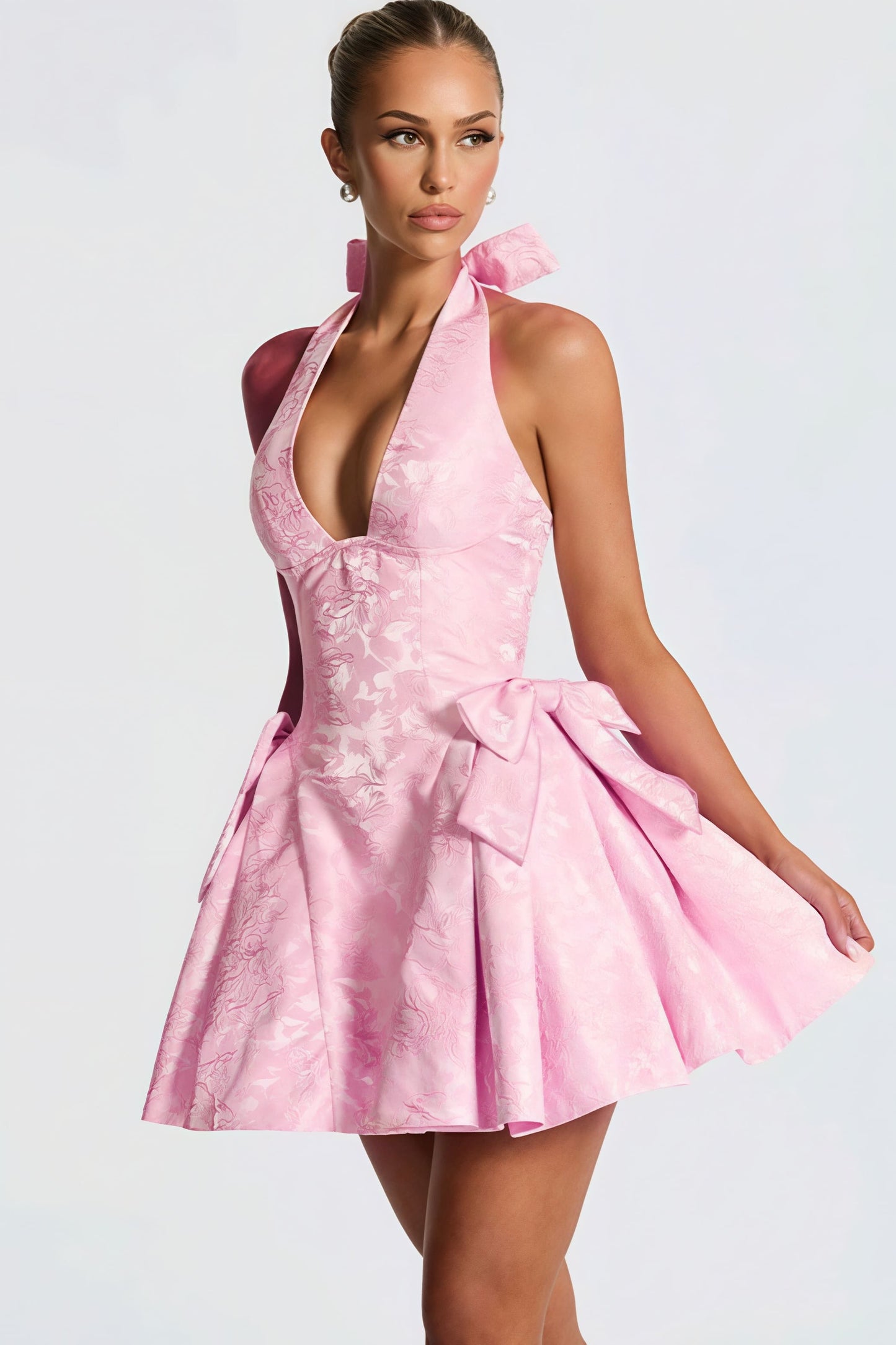 Minivestido Jacquard con Lazos y Cuello Halter en V