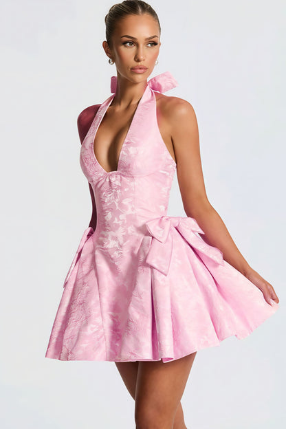 Minivestido Jacquard con Lazos y Cuello Halter en V