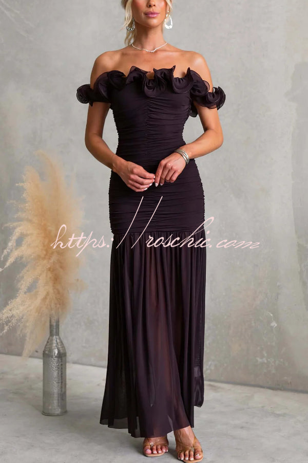 Solid Color Off-shoulder Pleated Backless Slim-fit Elegant Mesh Maxi Dress