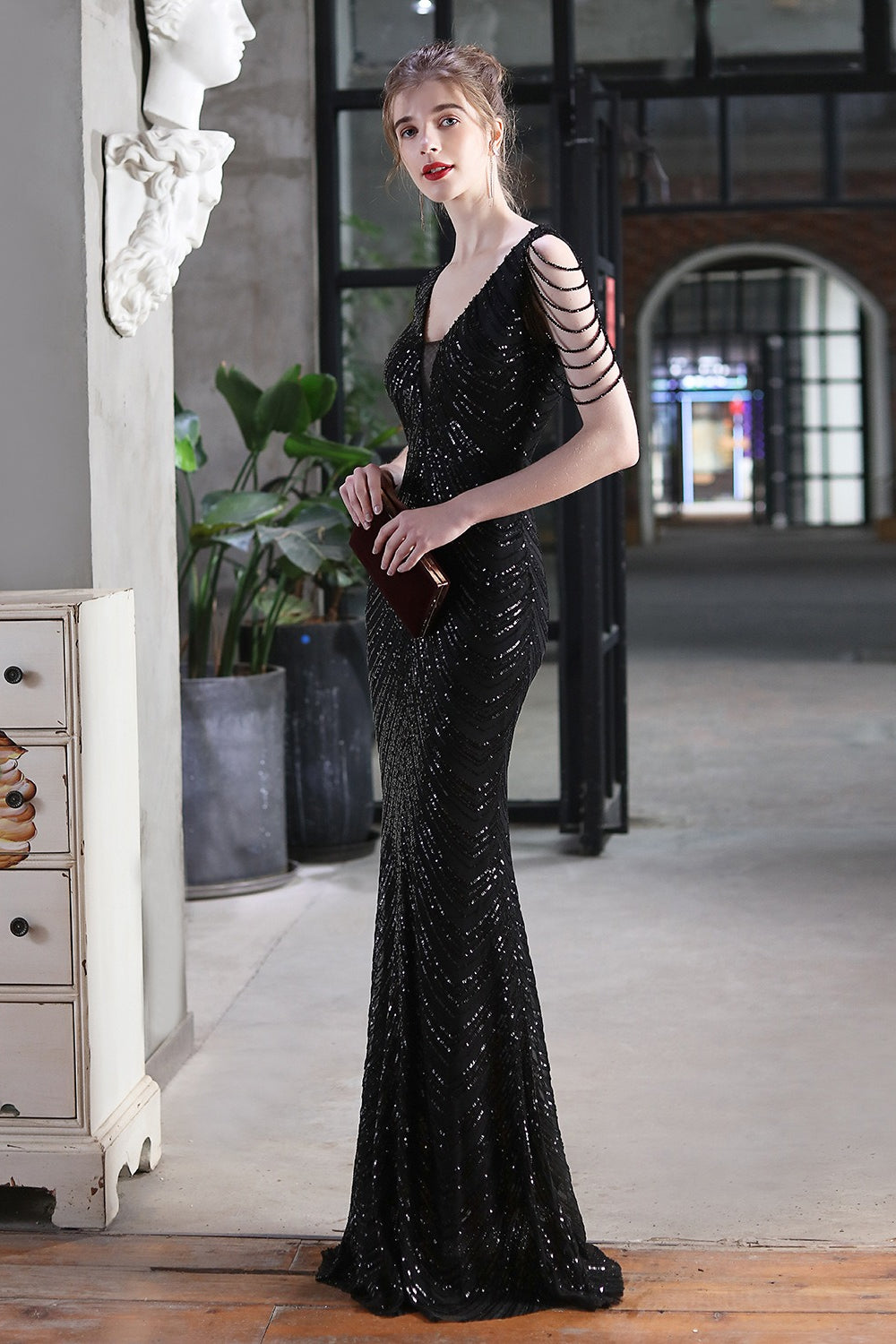 Elegante vestido de fiesta de sirena con lentejuelas