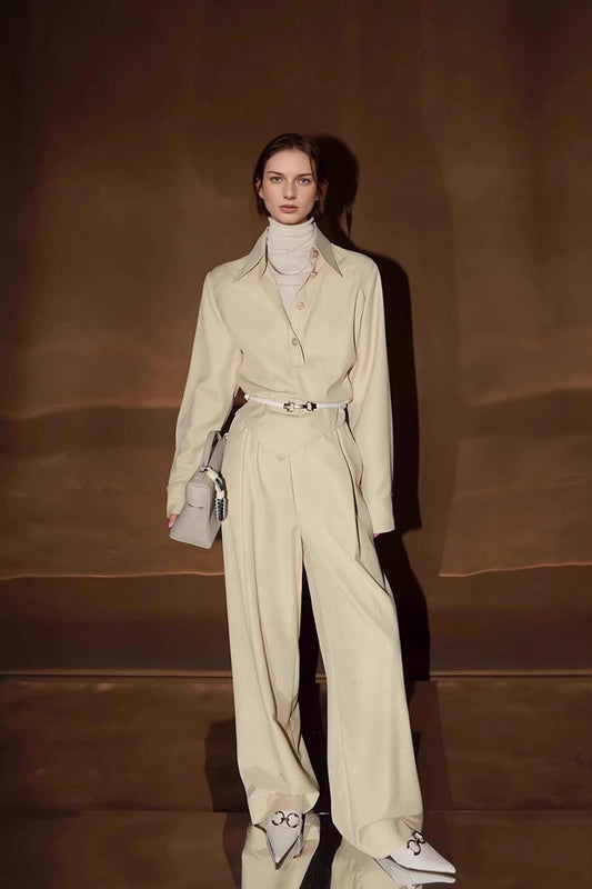 Petite Contrast Elastic Waist Shirt Wide Leg Pants Two Piece Set
