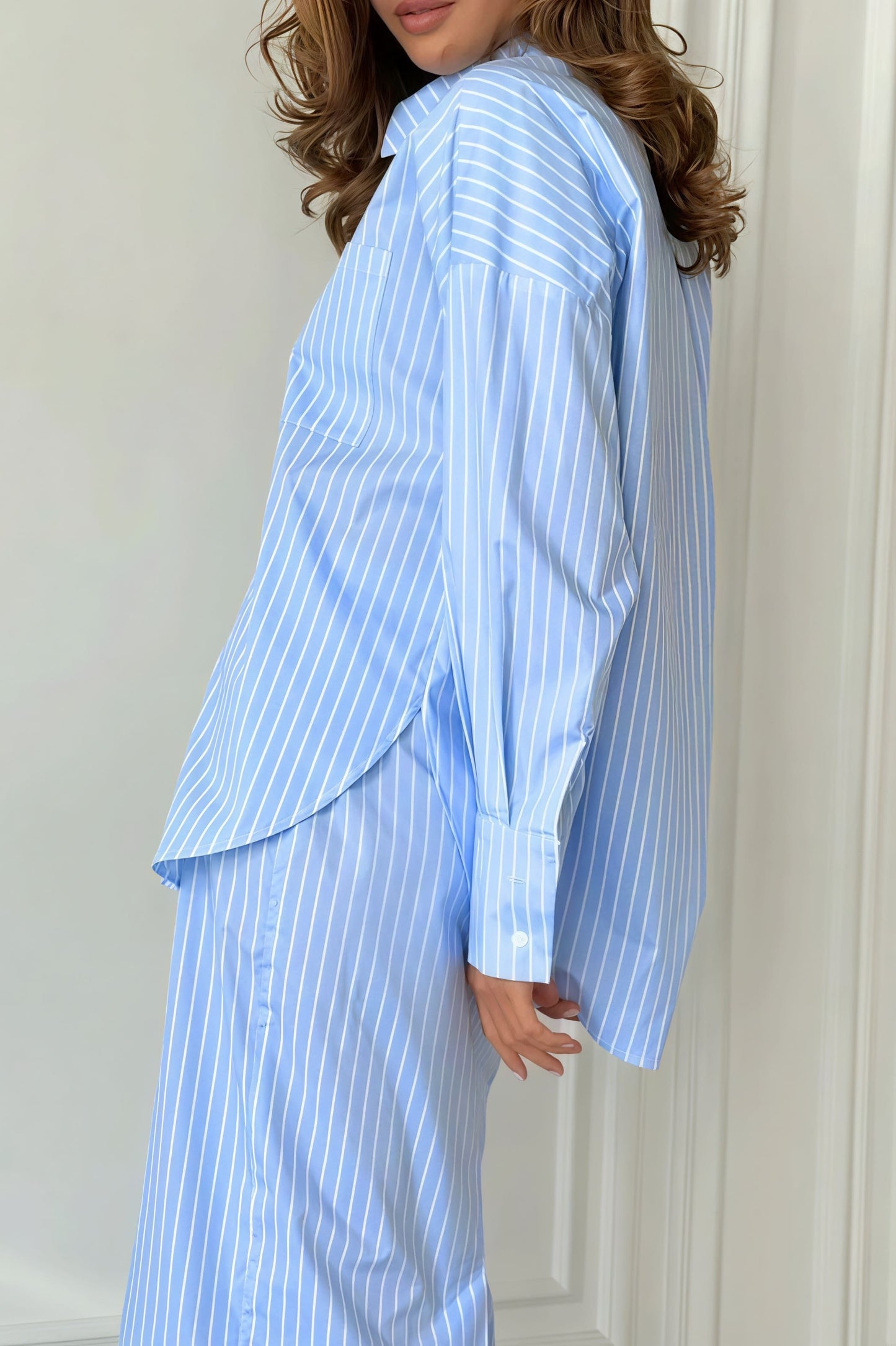Striped Color Block Slit Long Sleeve Skirt Set