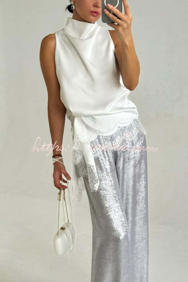 Solid Color Satin Spliced lace Sleeveless Irregular Casual Top