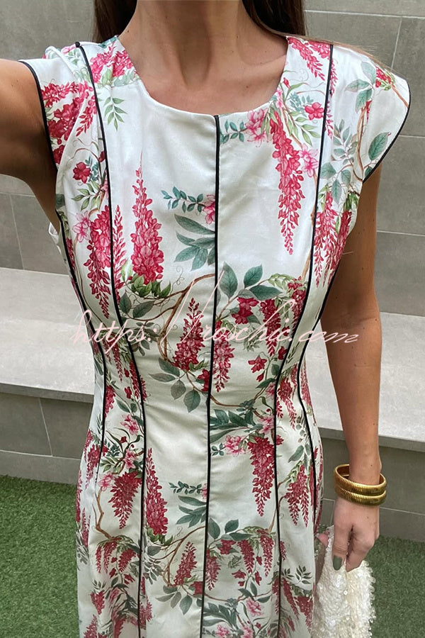 Kaydien Linen Blend Floral Print Contrast Princess Line Short Sleeve Maxi Dress