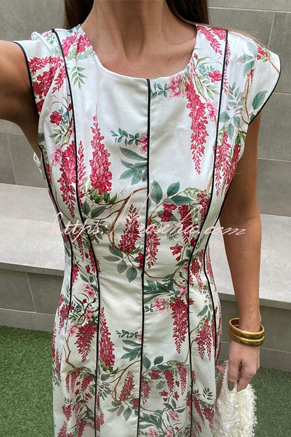Kaydien Linen Blend Floral Print Contrast Princess Line Short Sleeve Maxi Dress