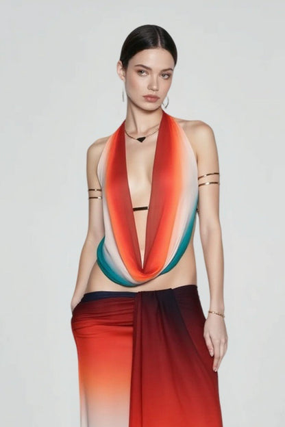 Mesh Cowl Neck Backless Bodycon Vacation Set