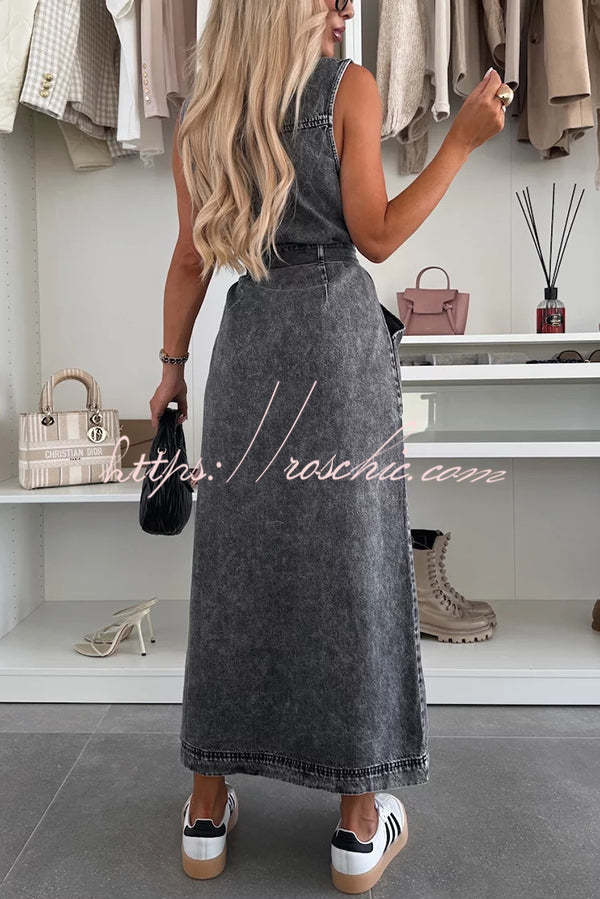 Solid Color Sleeveless Single Breasted Waist Tie Casual Pocket Denim Midi Dress