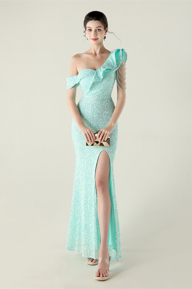 Vestido de fiesta formal con volante y un solo hombro drapeado