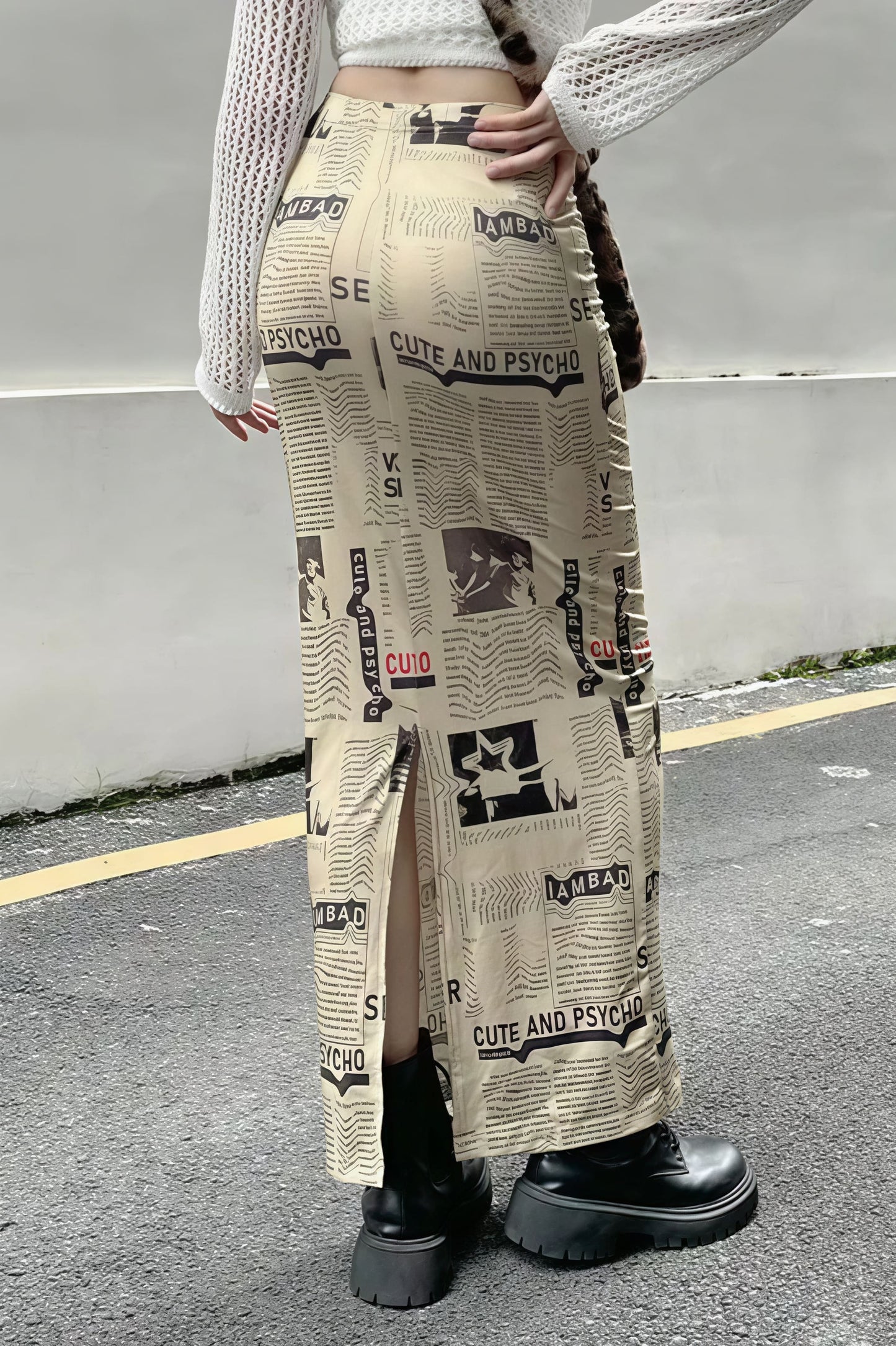 Y2K Vintage Newspaper Split Skirt