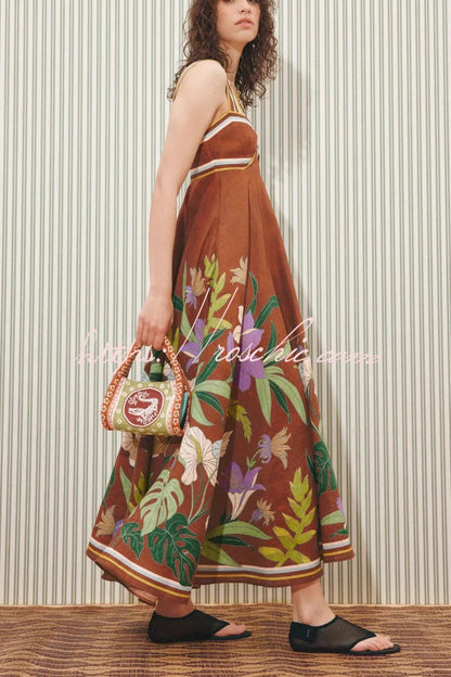 Brown Floral Linen Midi Dress