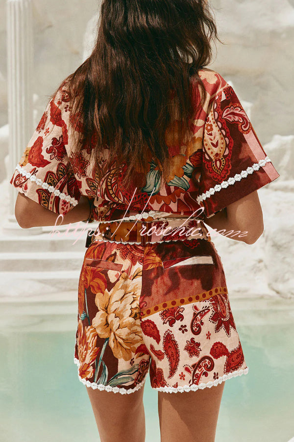 Unique Printed Collared Short-sleeved Loose-fitting Shirt and Casual Floral Trim Shorts Set