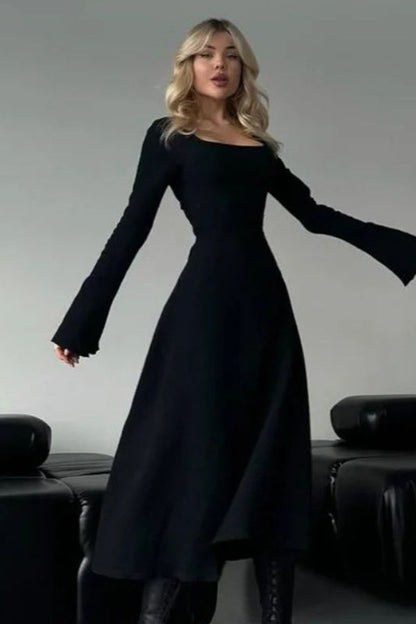 Elegant Fitted Long Sleeve Square Neck A-Line Party Dress