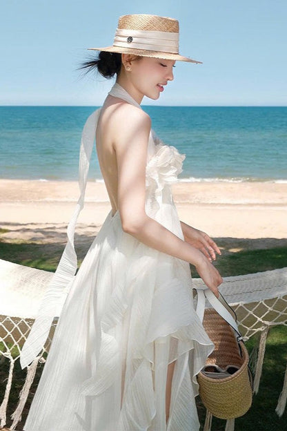 Vestido maxi halter elegante entallado con flores 3D
