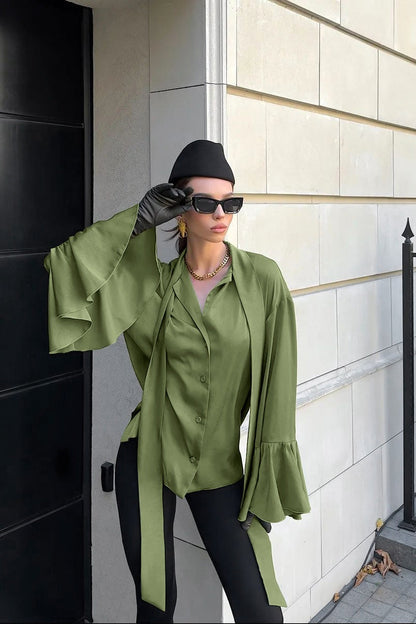 Lazy Flare Sleeve Ruffle Blouse