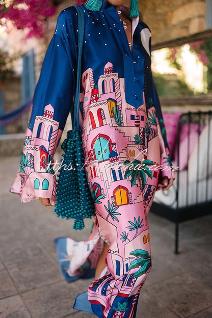 Seaside Stroll Satin Unique Print Button Up Long Sleeve Slit Kaftan Midi Dress