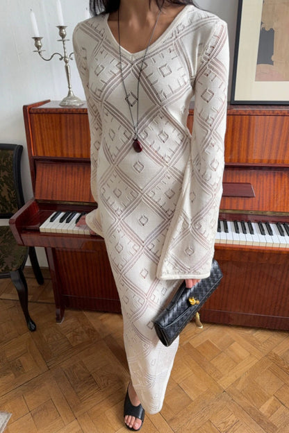 Vestido maxi de punto argyle jacquard de manga larga